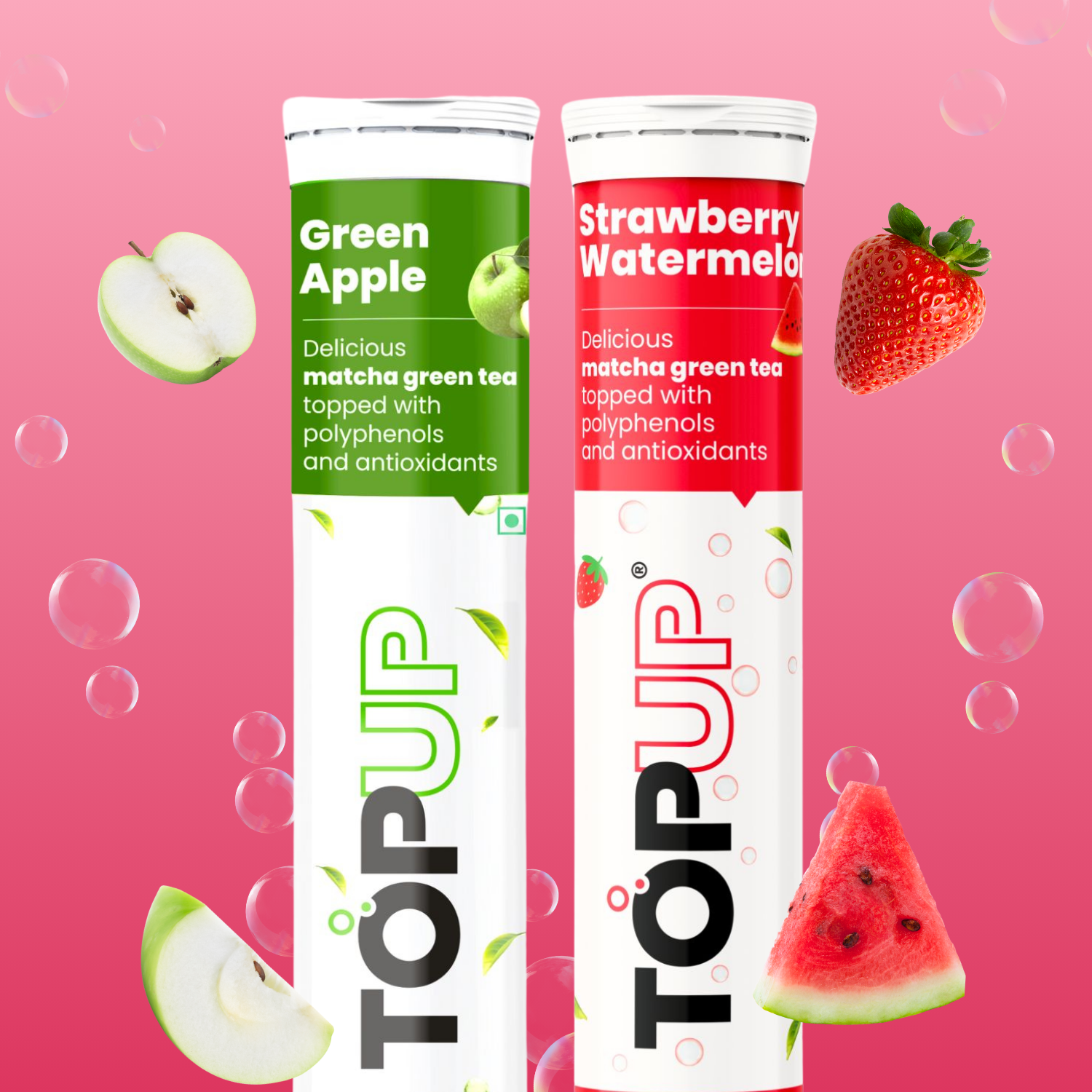 TopUp Green Apple and Strawberry Watermelon matcha green tea effervescent tablets — antioxidant rich wellness drink