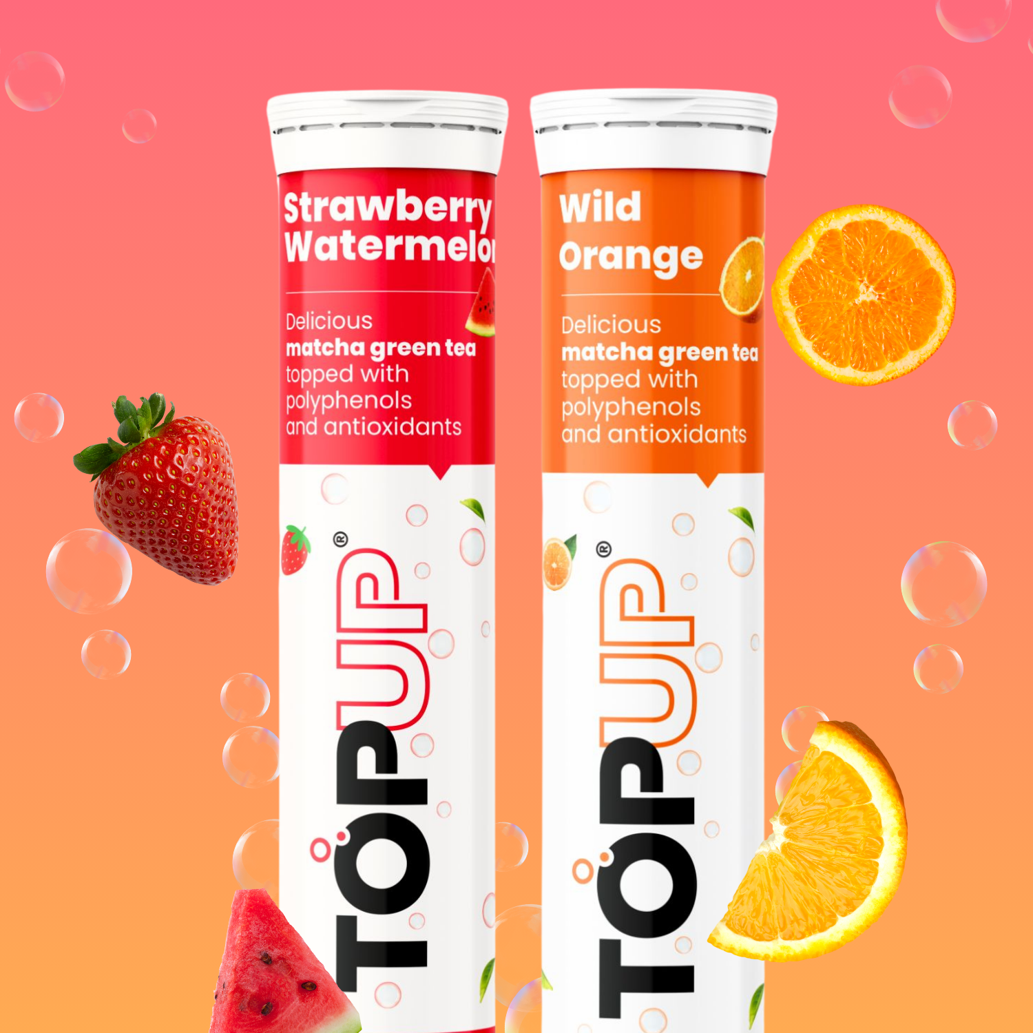 TopUp Strawberry Watermelon and Wild Orange matcha green tea supplement — refreshing wellness drink with antioxidants and polyphenols