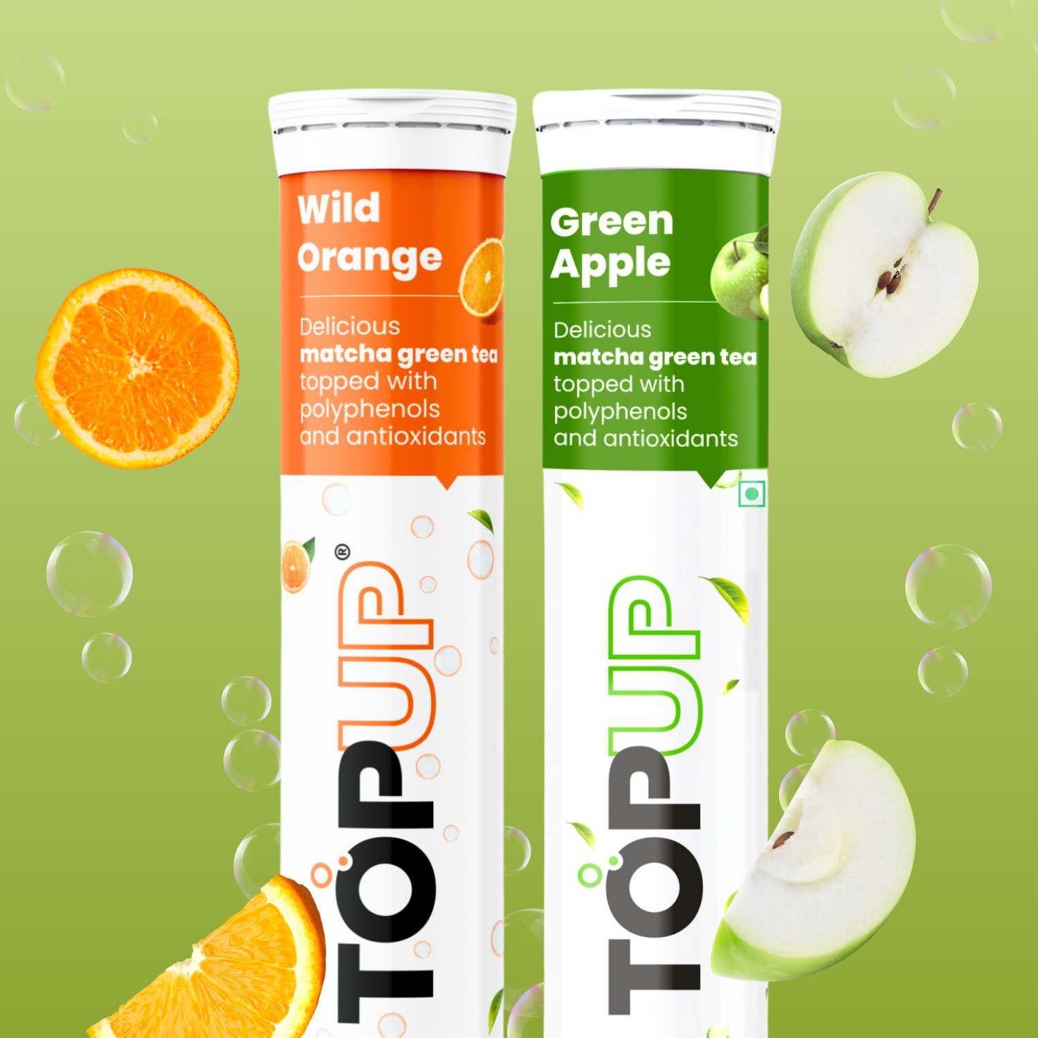 TopUp Wild Orange and Green Apple effervescent matcha drink — natural antioxidants and polyphenols for immunity and metabolism support